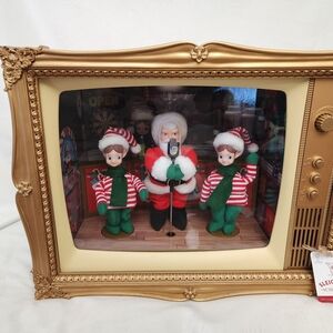 Gold Holiday TV Display with Santa and Elves